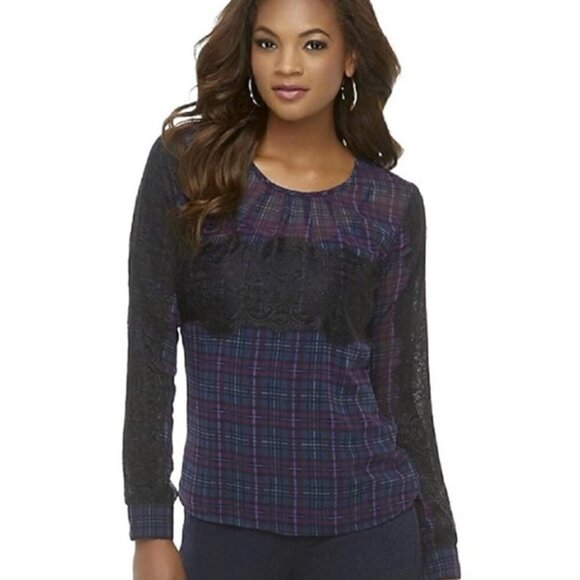 Kardashian Kollection Top M Sheer Plaid Lace Long Sleeve Purple Blue - Picture 1 of 9
